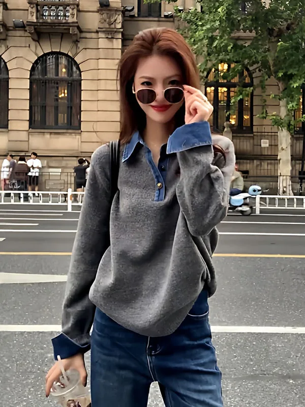 plus Size Design Sense Denim Patchwork Grey Knitwear Women's Autumn New Style Slimming Top Casual Style Long Sleeve Crew Neck