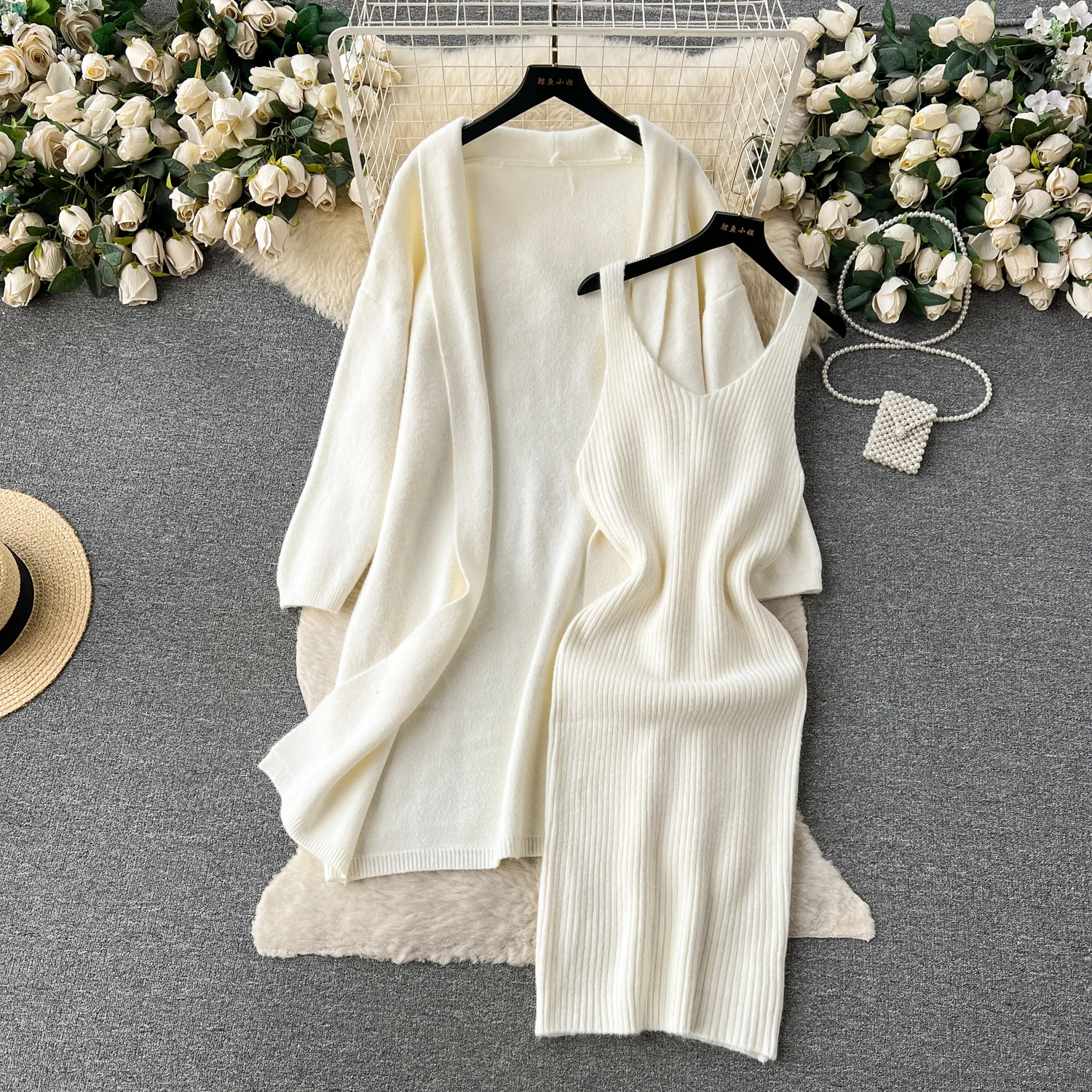 REALEFT Autumn Winter 2 Pieces Women\'s Sets Solid Knitted Tracksuit Cardigan Outwear and Tank Wrap Dress Suits 2024 New