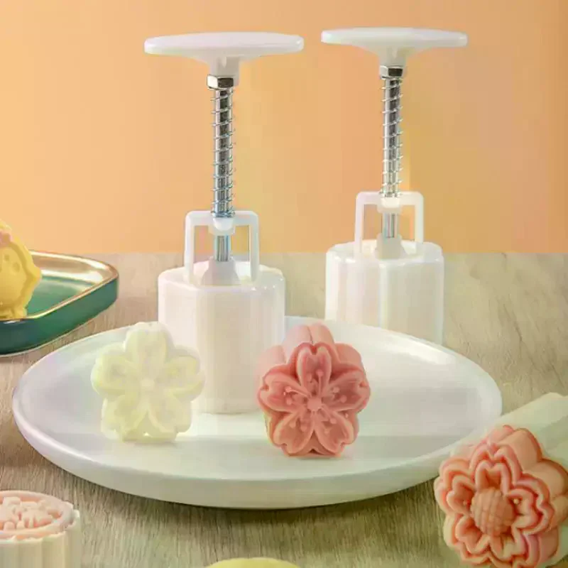 Mooncake Mold Plastic Hand-Pressure Cookie Stamps Flower Cherry Lion Pattern Plungers Pastry Decoration Tool Mid-Autumn Festival