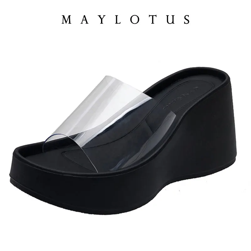 

Сланцы женские на платформе, элегантные сандалии на танкетке, прозрачные, Повседневная пляжная обувь, плоская подошва, TVC, лето