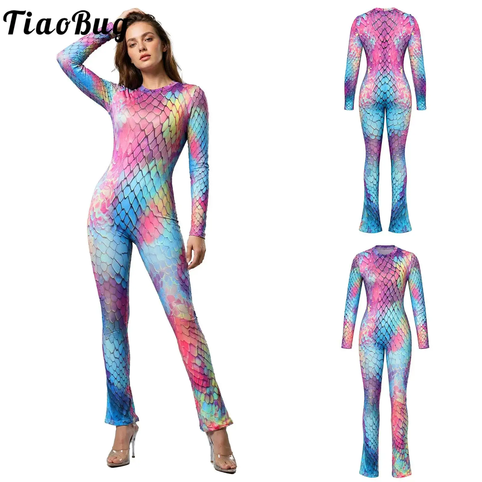 Women 70s Disco Full Jumpsuit Mock Neck Long Sleeve Back Invisible Zipper Stylish Printed Bell-bottom Bodysuit Party Clubwear
