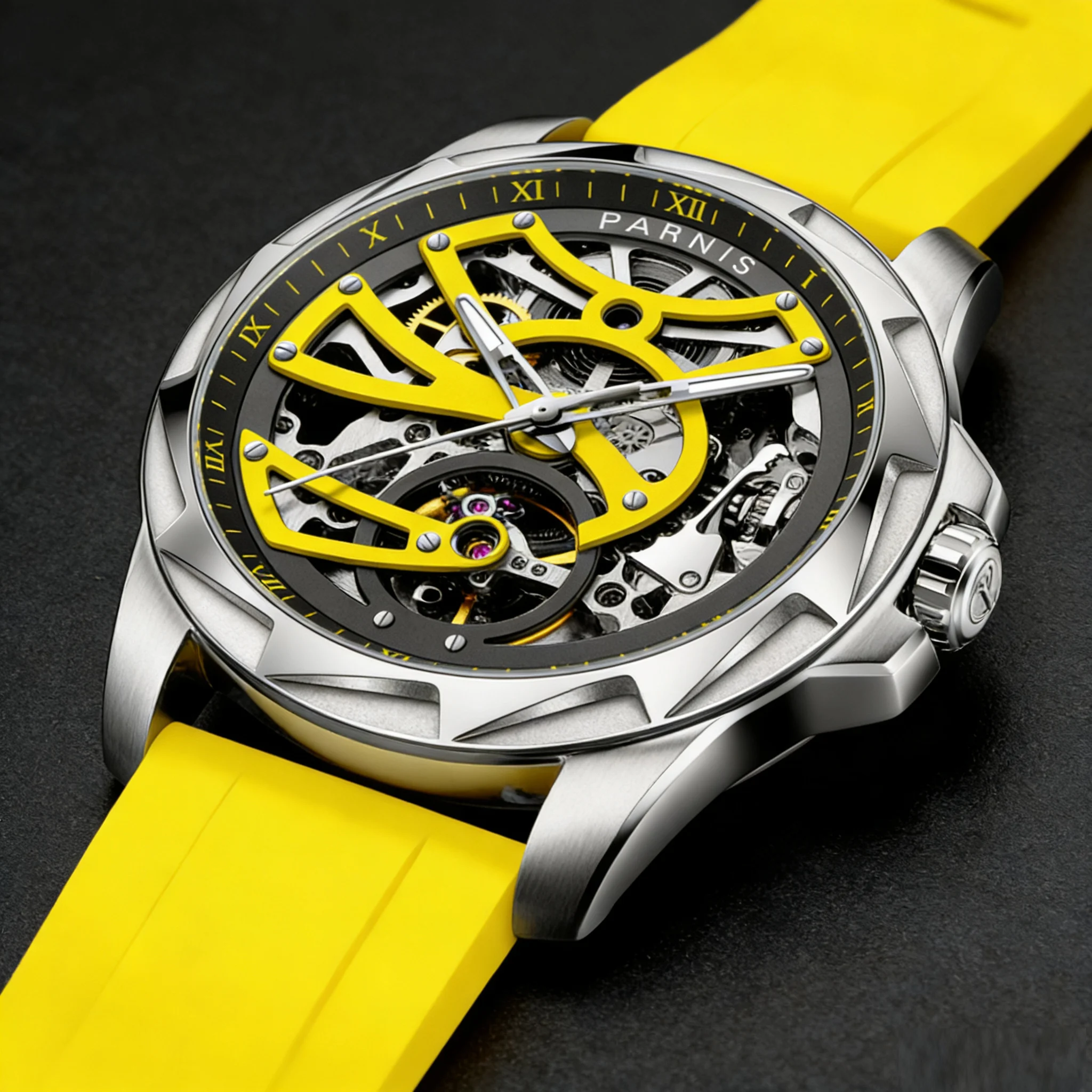 

Новое поступление, мужские часы Parnis с желтым циферблатом 43 мм, сапфировое стекло, резиновый ремешок, автоматические механические часы, лучший подарок от люксового бренда