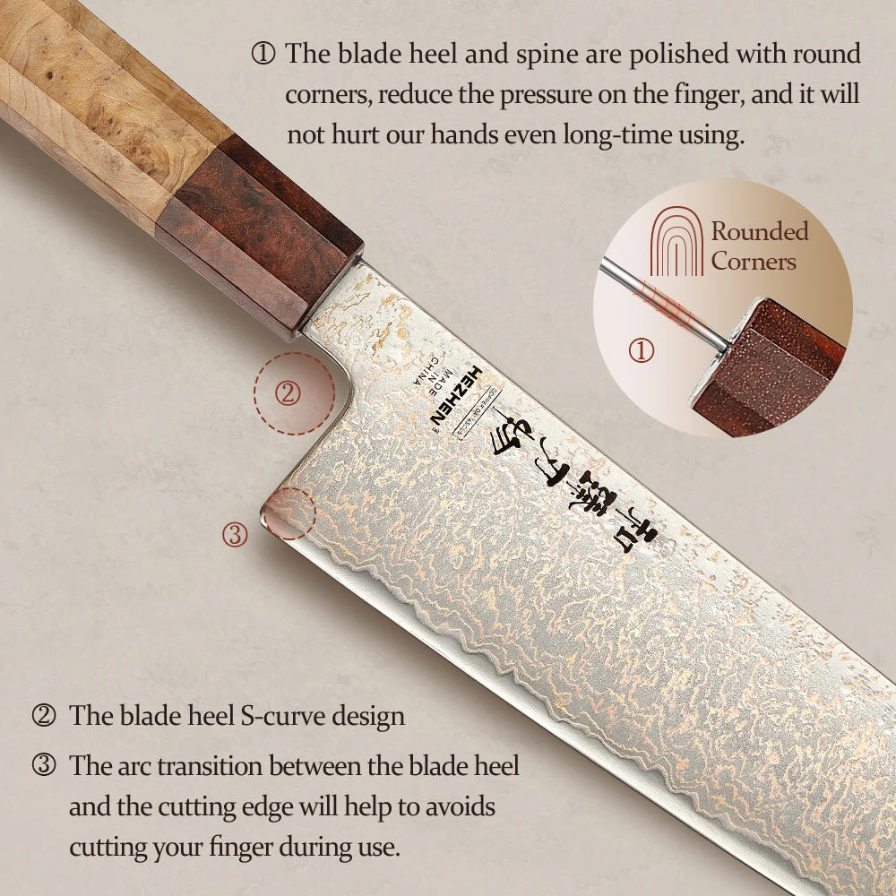 HEZHEN 8.3 inch Bunka Custom 37-Layer Tri-color Copper Damascus Steel Knife Chef Knives Meat Cleaver  Kitchen Knife