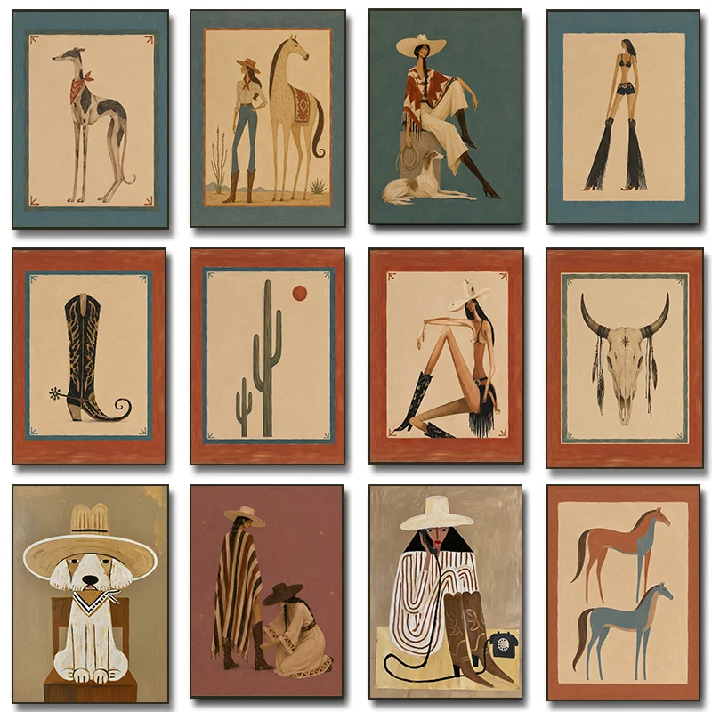 Vintage Ranch Western Fashion Figure Poster Cowboy Boot Longhorn Skull Horse Pair Prints Canvas Painting Wall Picture Home Decor