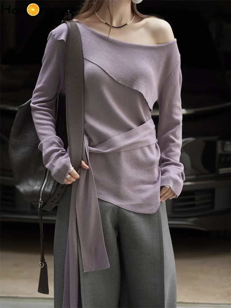 HanOrange 2025, Herbstmode, Laziness, unregelmäßiger Riemen, Spleißen, Pullover, Damen-Top, Aprikose/Lila