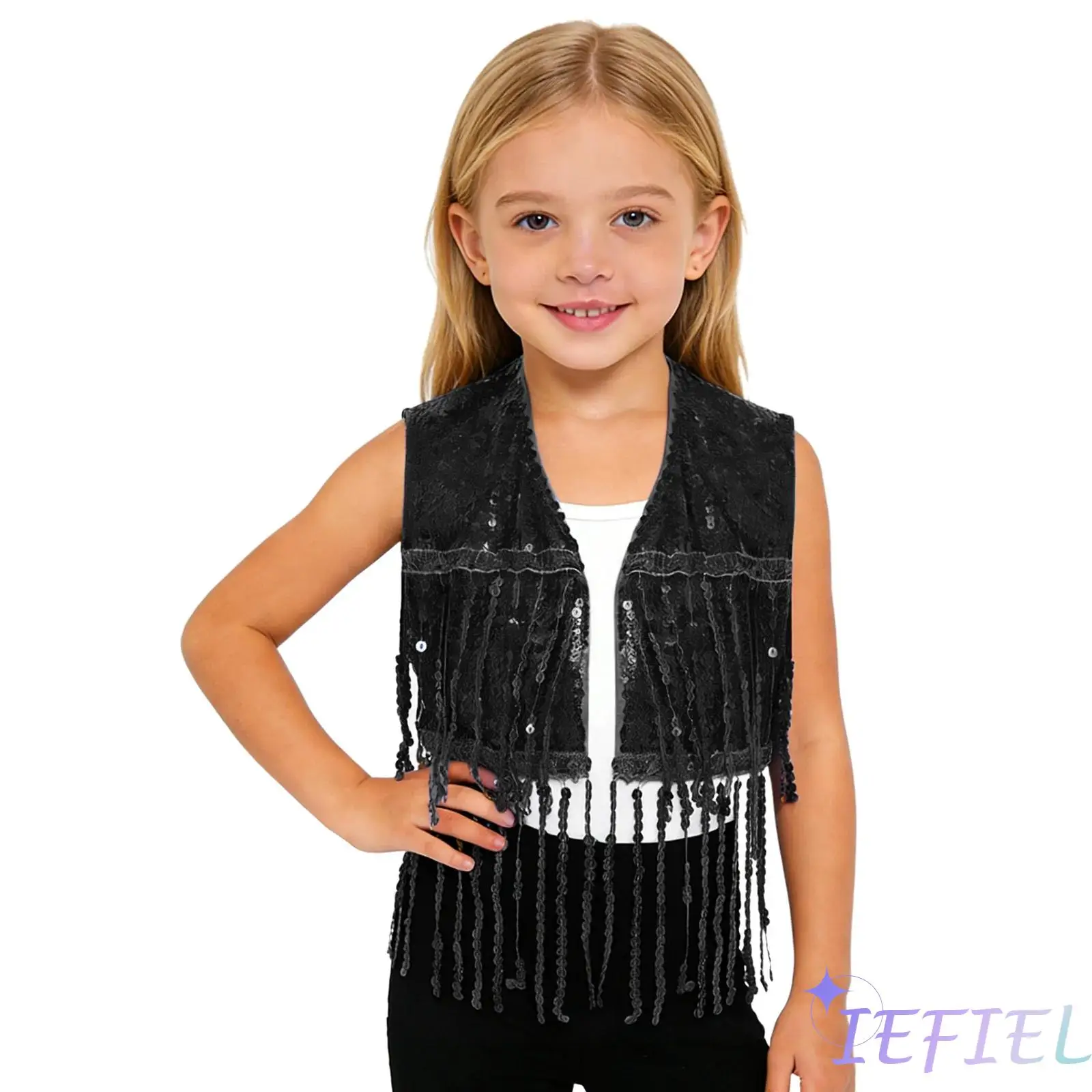 

Kids Girls Sequin Tassel Jazz Dance Vest Sleeveless Open Front Fringed Crop Top Waistcoat for Cha-Cha Hip Hop Dance Competition