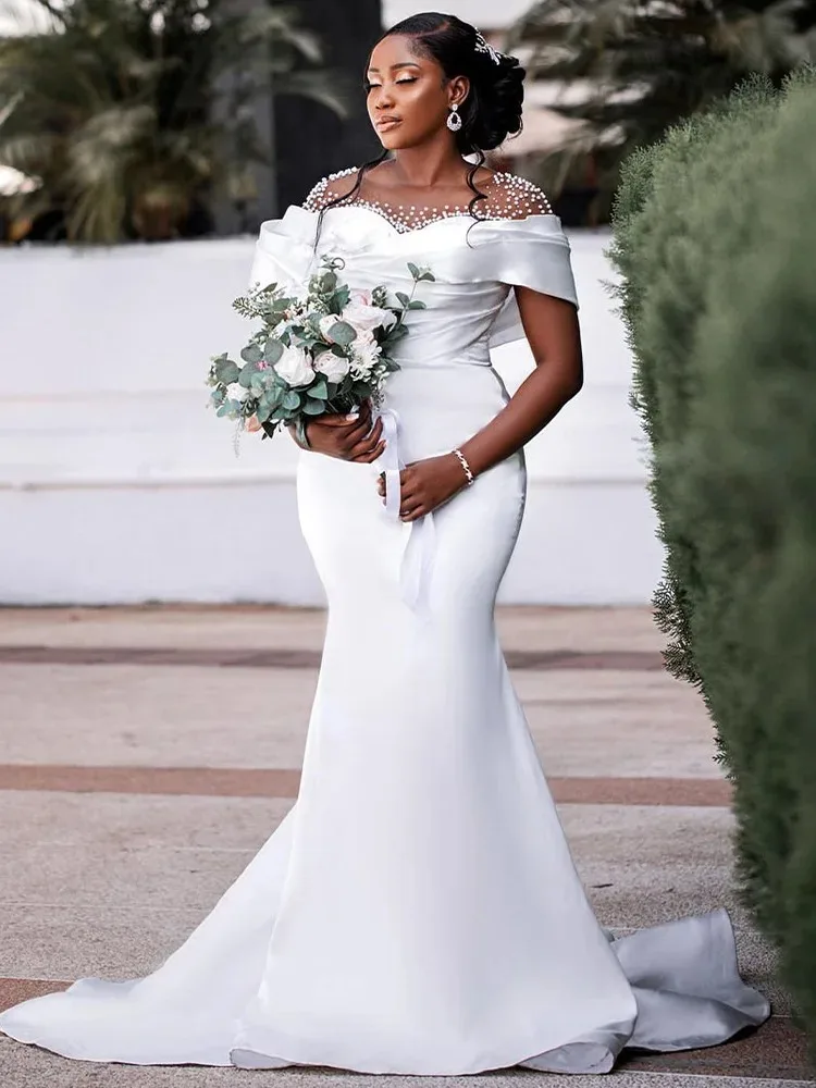 

Custom Elegant White Mermaid Wedding Dresses for Bride Sheer O-neck Pearls Africa Garden Beach Bridal Gowns Vestido De Novia