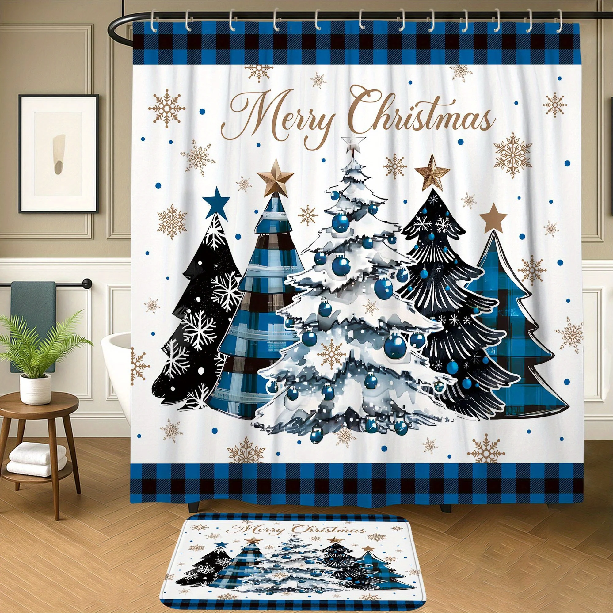 4Pcs Xmas Winter Shower Set, Blue Plaid Tree Design, 12 Hooks, Non-Slip Mat, U-Shaped Toilet Cover, Holiday Bath Decor