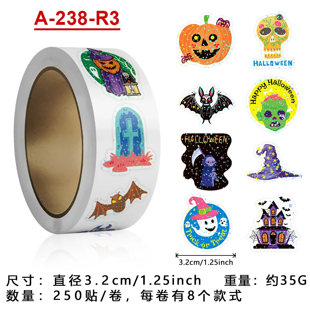 

500pcs/Roll Happy Halloween Pumpkin Laser Sealing Stickers DIY PVC Laptop Decals Decoration Reward Gift Toy