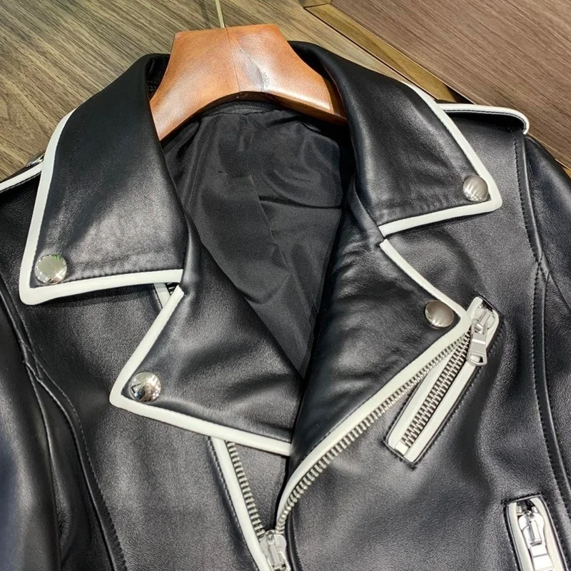 Veste de Motard Courte en Cuir group pour Femme, Streetwear, Manteau Slim en Peau de Mouton, Élégant, Bureau, Fermeture Éclair, Manches sulf, 2023