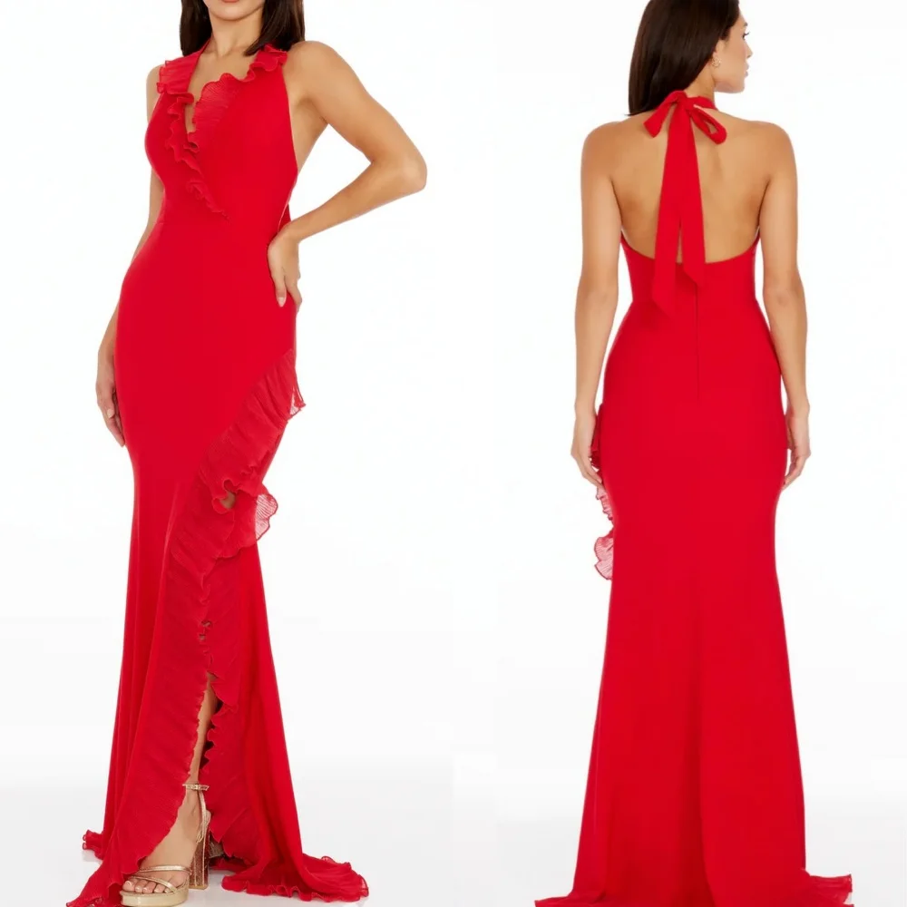 Jersey Ruched Prom Mermaid V-neck Bespoke Occasion Gown Long Dresses