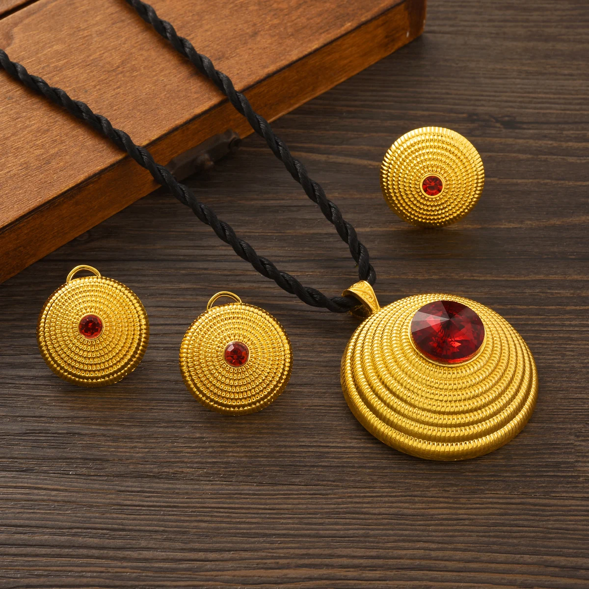 Gold Color Round Red Zirconia Jewelry Set Middle East Dubai Pendant Necklace Ring Earring Arab Ethiopian Bride Wedding party