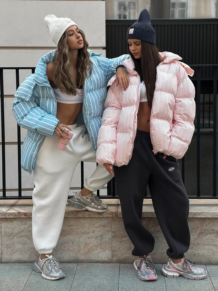 

Зимняя теплая полосатая хлопковая куртка-пуховик с капюшоном, женская короткая куртка на молнии с завязками, женская пушистая куртка-парка на белом утином пуху