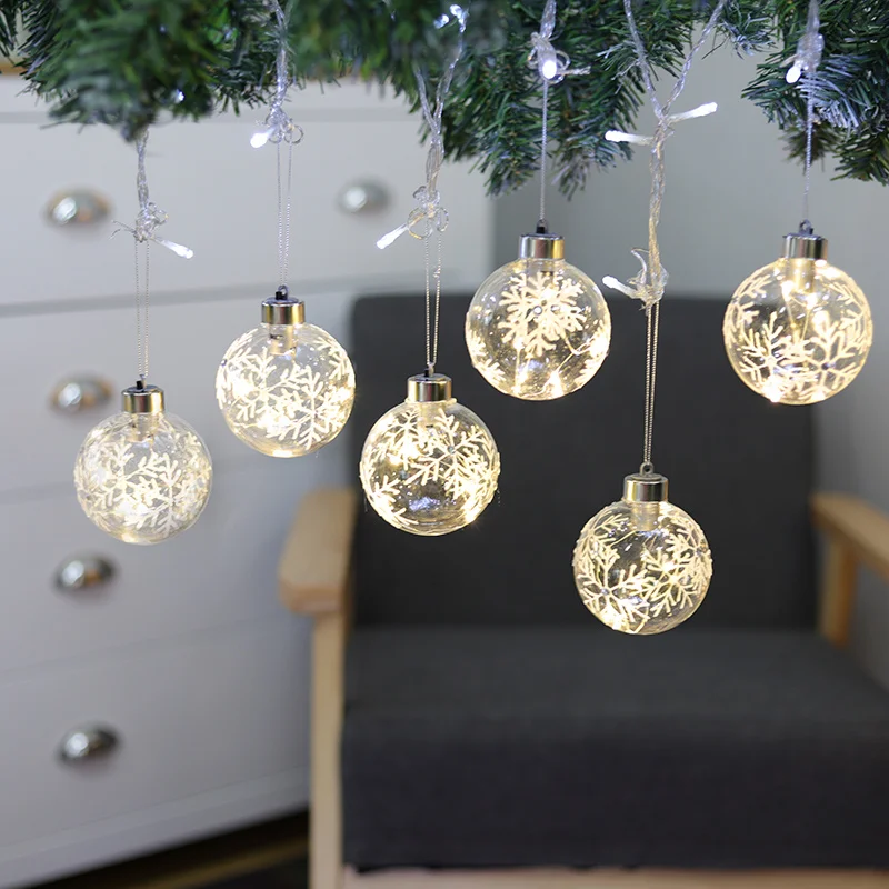 Set of 6 8CM Clear Snowflakes Glass Ball with LED Light for Christmas Tree