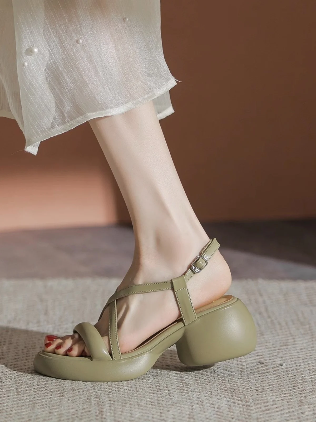 Female Sandal Block Heels Open Toe All-Match 2023 Summer Buckle Strap Black Shoes for Women Girls Chunky Peep Beige Comfort New