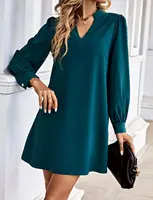 Vestidos estilo camisa de oficina para mujer, minivestido de manga larga con cuello en V, ropa de trabajo de Color sólido para primavera y otoño