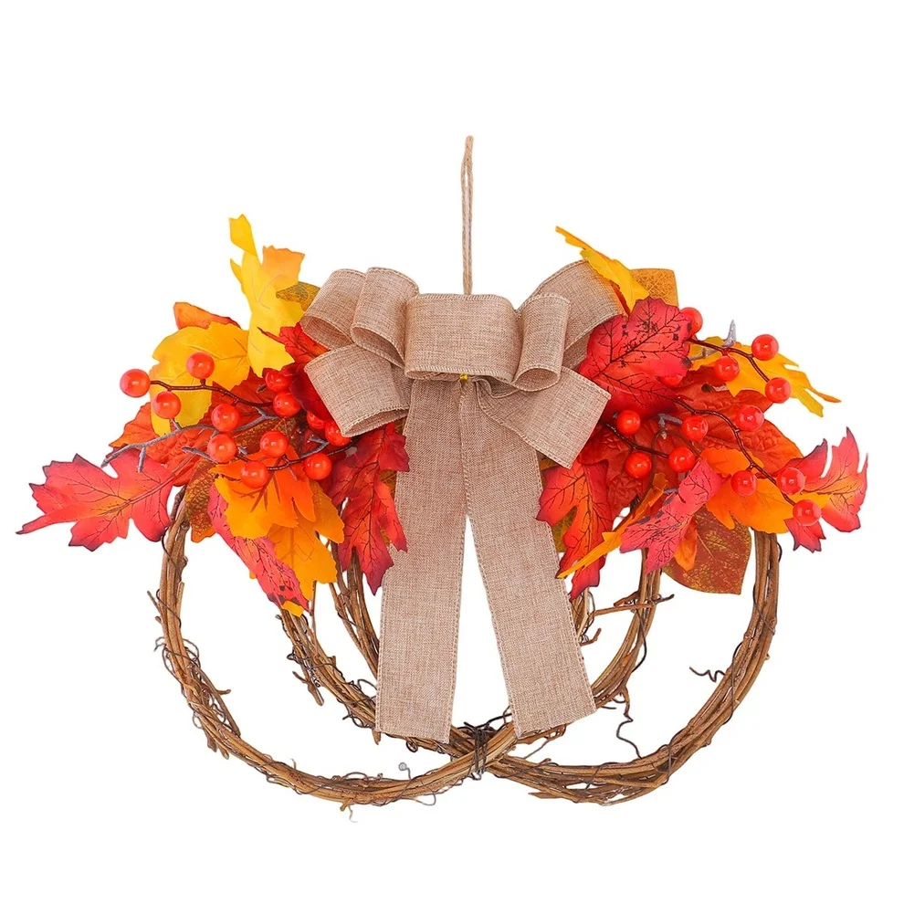 Autumn Maple Leaf Red Berry Rattan Garland 36cm Artificial Wreath For Thanksgiving Door Window Wall Home Party Decoration