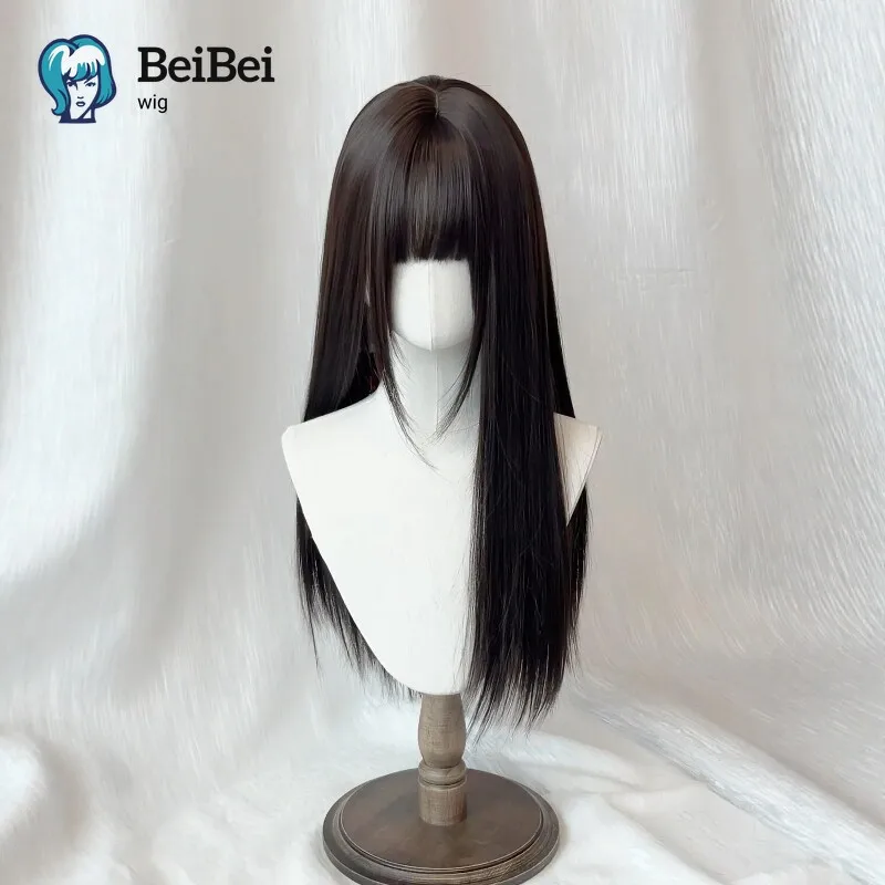 Brown Black Wig with Bangs 28inch Lolita Wig for Women Long Straight Hair Wigs Cute Headband Cosplay Synthetic Wigs Glueless