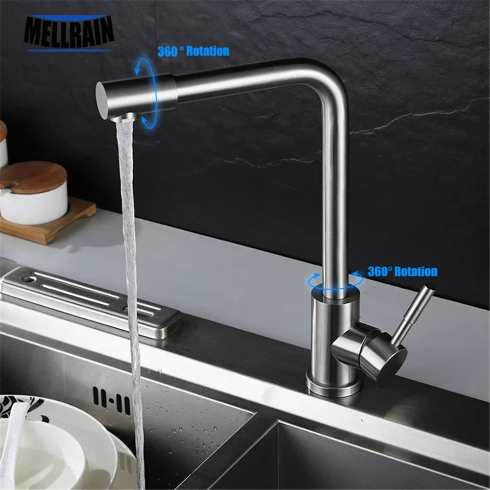 Perfecte kwaliteit 304 roestvrijstalen draaibare keukenkraan, enkelgats, op het blad gemonteerde, geborstelde wastafelkraan, keukenmixer