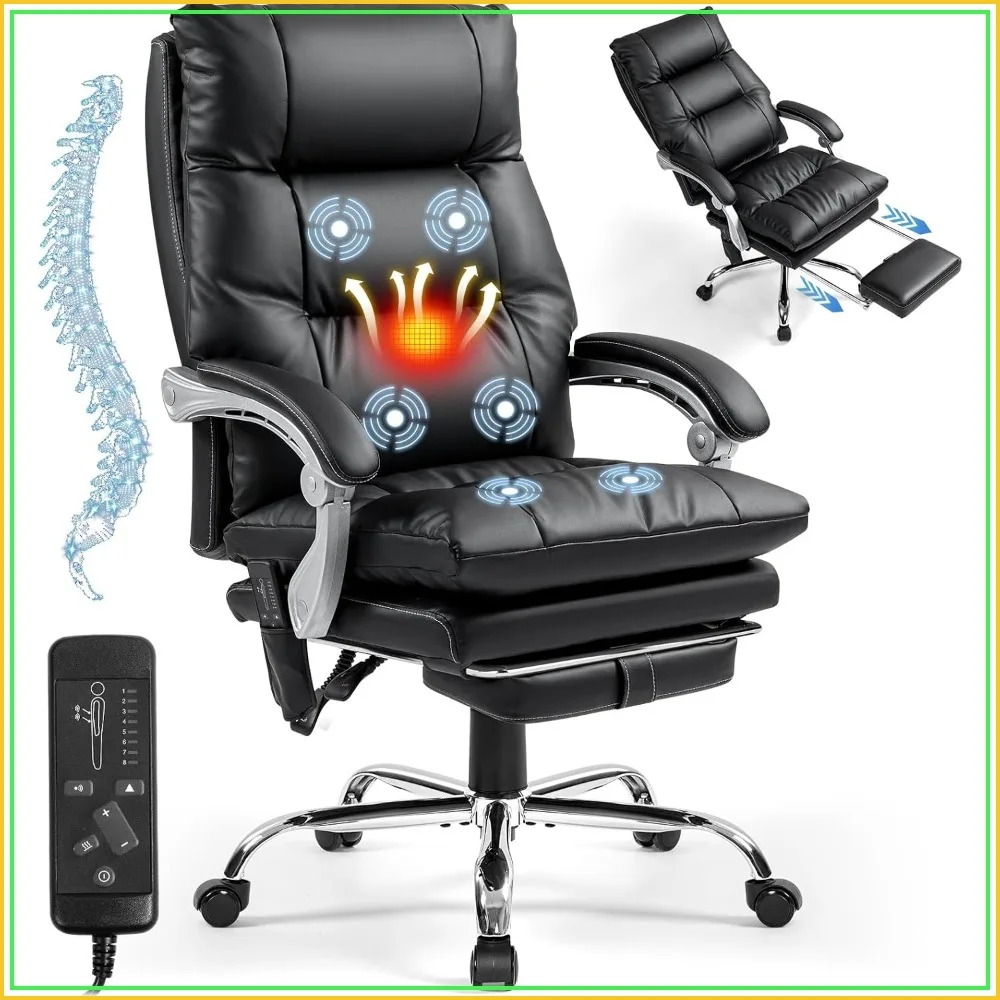 Ergonomic Massage Office Chair with Foot Rest, 400LBS Capacity, High Back Reclining Leather Desk Chair, 135° Recline, Heat & Vibration