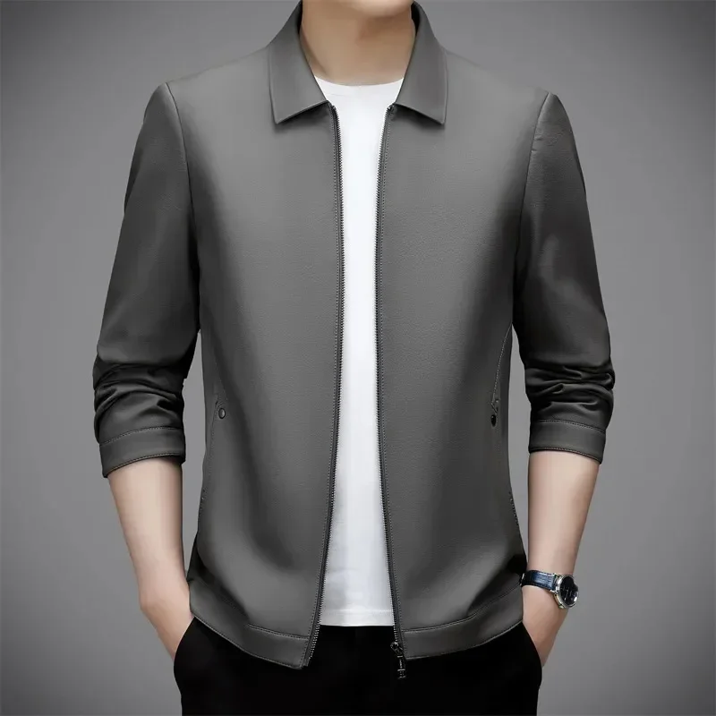 Men's Quality Leather Jackets Autumn Polo Collar Genuine Young and Middle-Aged Business Casual for Men