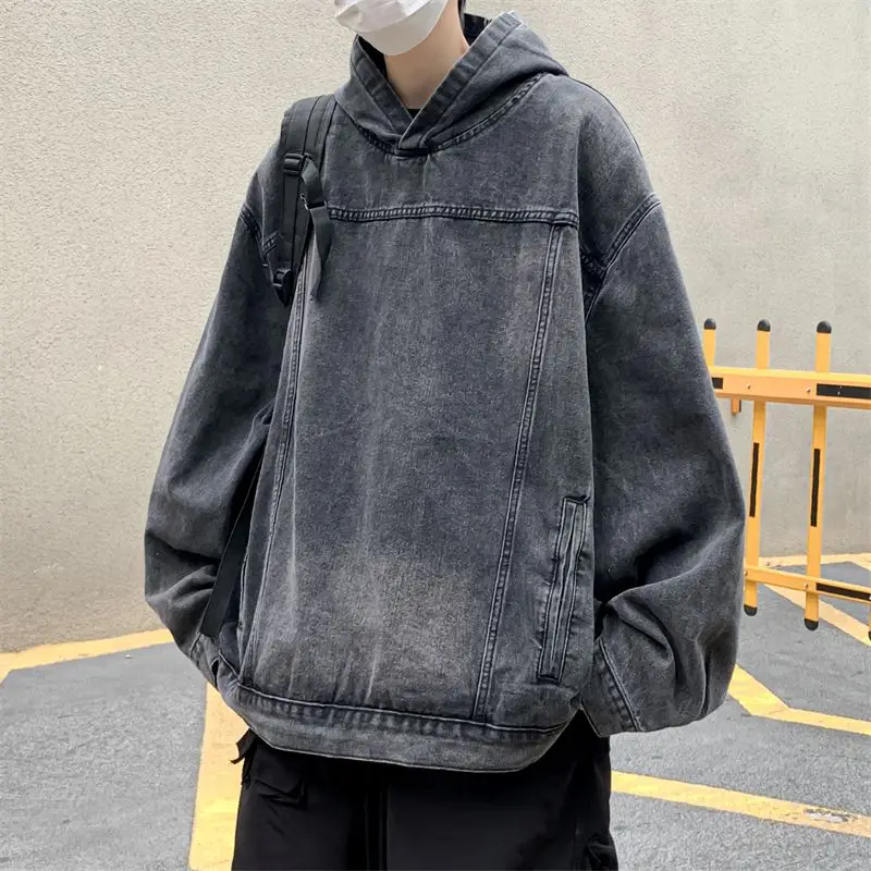 

Waed Denim Hoodie Men's Loose Fit Vintage Streetwear Autumn Spring INS Trendy Brand Casual Comfortable Polyester Jaet