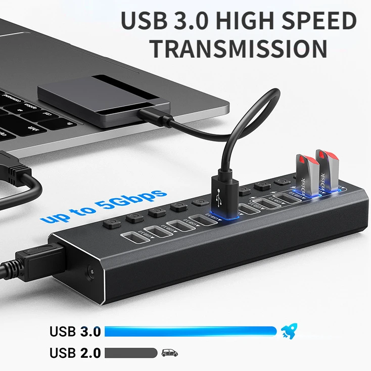 

Metal USB 3.0 Hub Multi USB Splitter 10 Ports Use Power Adapter Multiple Expander 3.0 Hub With Switch For Laptop Accessoriess