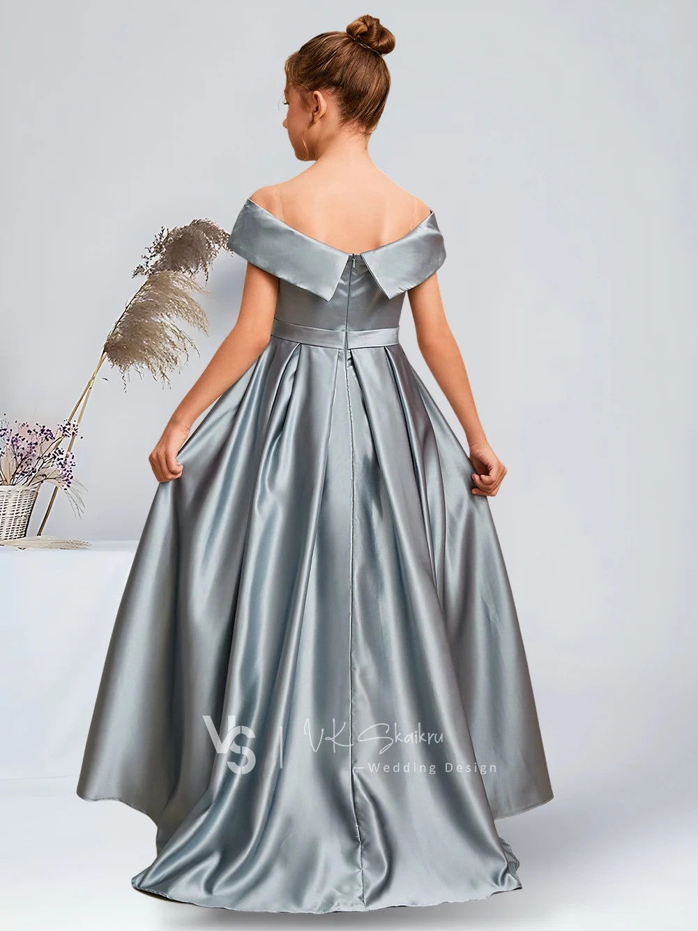 Elegant Ball-Gown/Princess Off the Shoulder Asymmetrical Satin Junior Bridesmaid Dress Dusty Blue Stunning Flower Girl Dresses