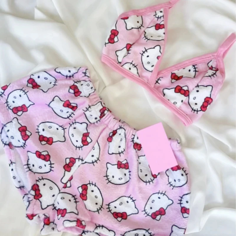 Trajes de pijama holgados de Hello Kitty para mujer, ropa de playa de dos piezas con dibujos animados Sanrio para dormir, ropa de salón para el