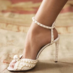 2024 New Women's Sandals Fashion High Quality Wedding Shoes Women's New Pearl Studs Luxury Open Toe High Heels