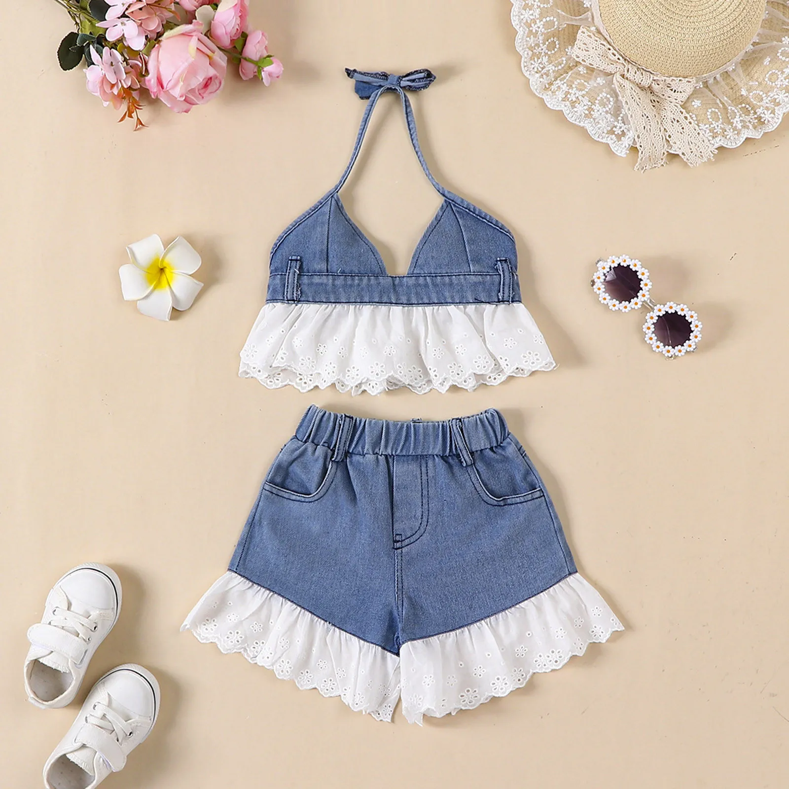 

0-5Y Baby Girls Summer Clothes Sets 2024 New Children Sleeveless Tie-up Halter Tank Tops+Ruffles Trim Shorts Kids Denim Outfits