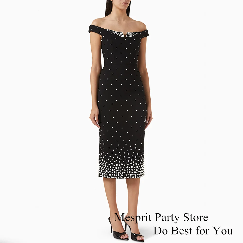 Sexy Black Cocktail Dress Off The Shoulder V Neck Heavy Pearls Tea Length Sheath Party Gown Custom Size Short Evening Dresses
