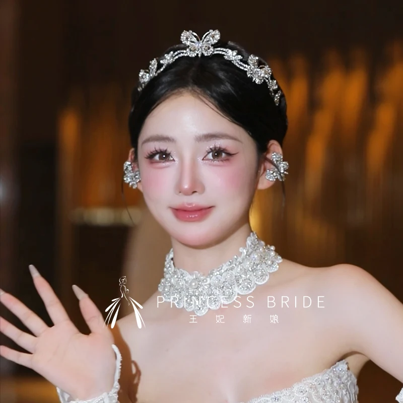 New Shiny Diamond Light Luxury Butterfly Style Bridal Headband and Earrings Set