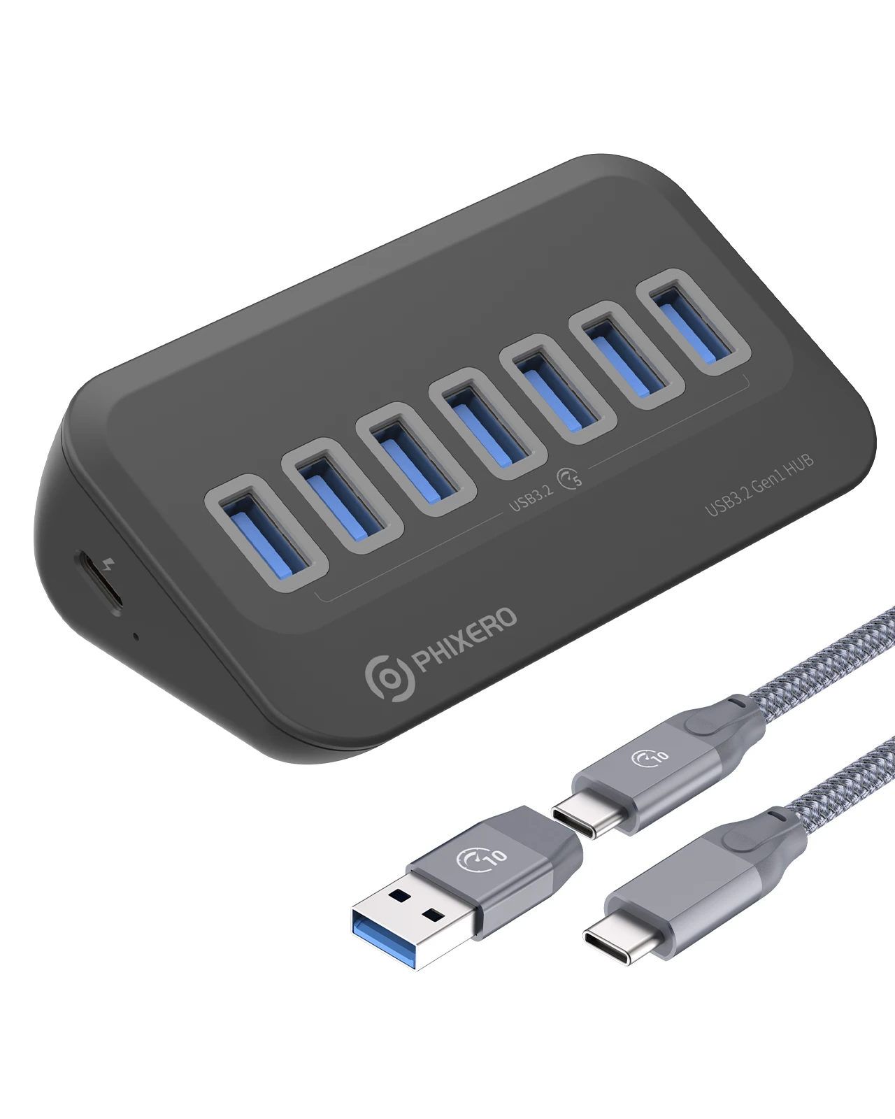 PHIXERO USB3.2 Hub 4&7 Ports USB HUB Docking Station for Data Transfer And Device Charging   32 Ergonomic Bevel Design