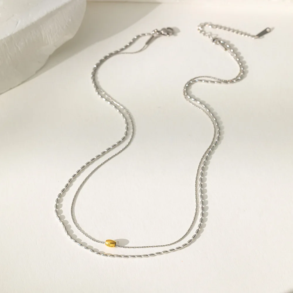 Two Tone Contrast Rice Bead Stacked Choker Women Trendy Titanium Steel Clavicle Necklace