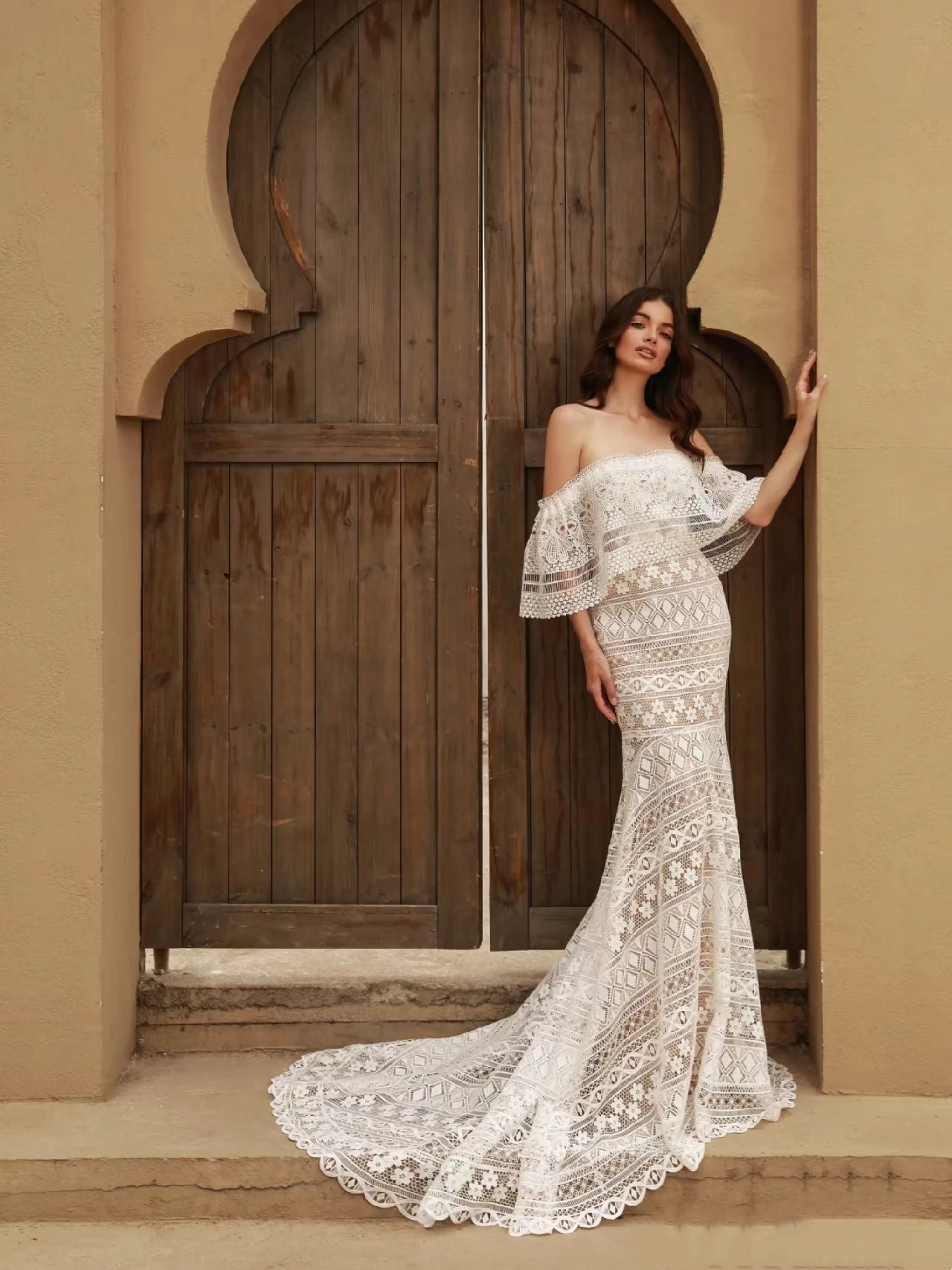 Vestidos De Novia sin espalda con hombros descubiertos, Vestidos De Novia Vintage De sirena, Apliques De encaje, batas De cuello barco