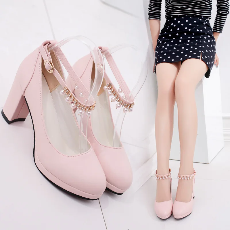 

Spring New Pearl Chain High Heels Thick Bottom Large Size Rough Heel Professional Single Shoes Work Women's Shoes Fashionable...