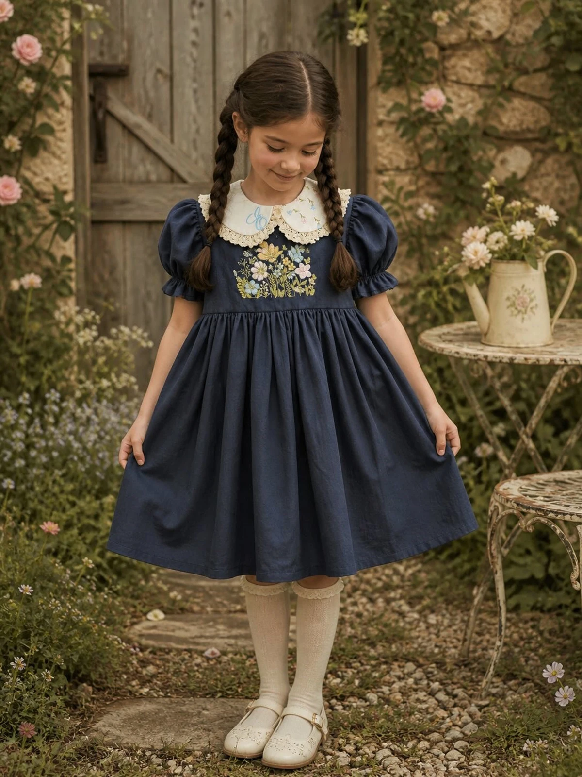 Summer Girl Flower Grass Embroidery Lace Deep Blue  Dress for Casual Party Birthday Wedding Photography