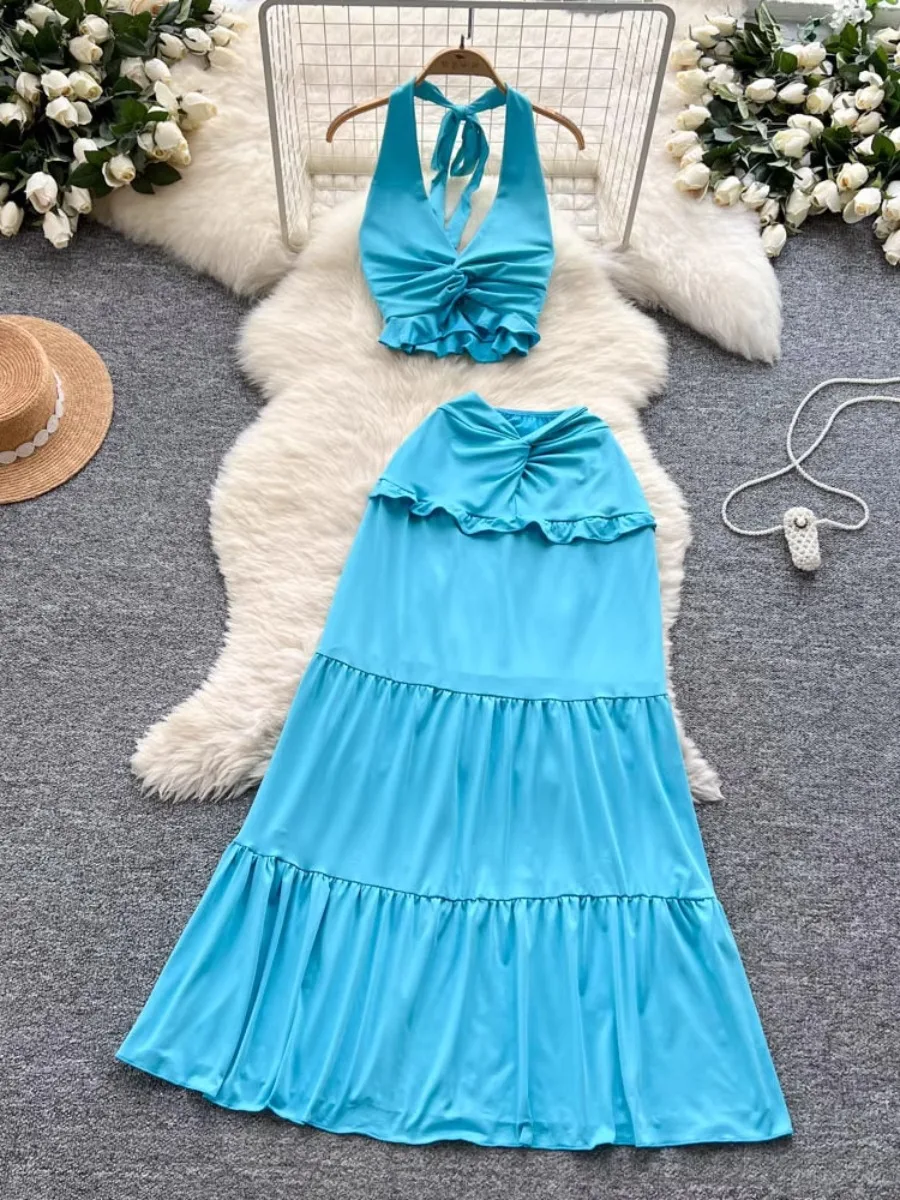 

Foamlina Sexy Open Back Halter Top Womens Summer Twisted Design Paired with High Waist Ruffle Skirt Perfect for Vacation