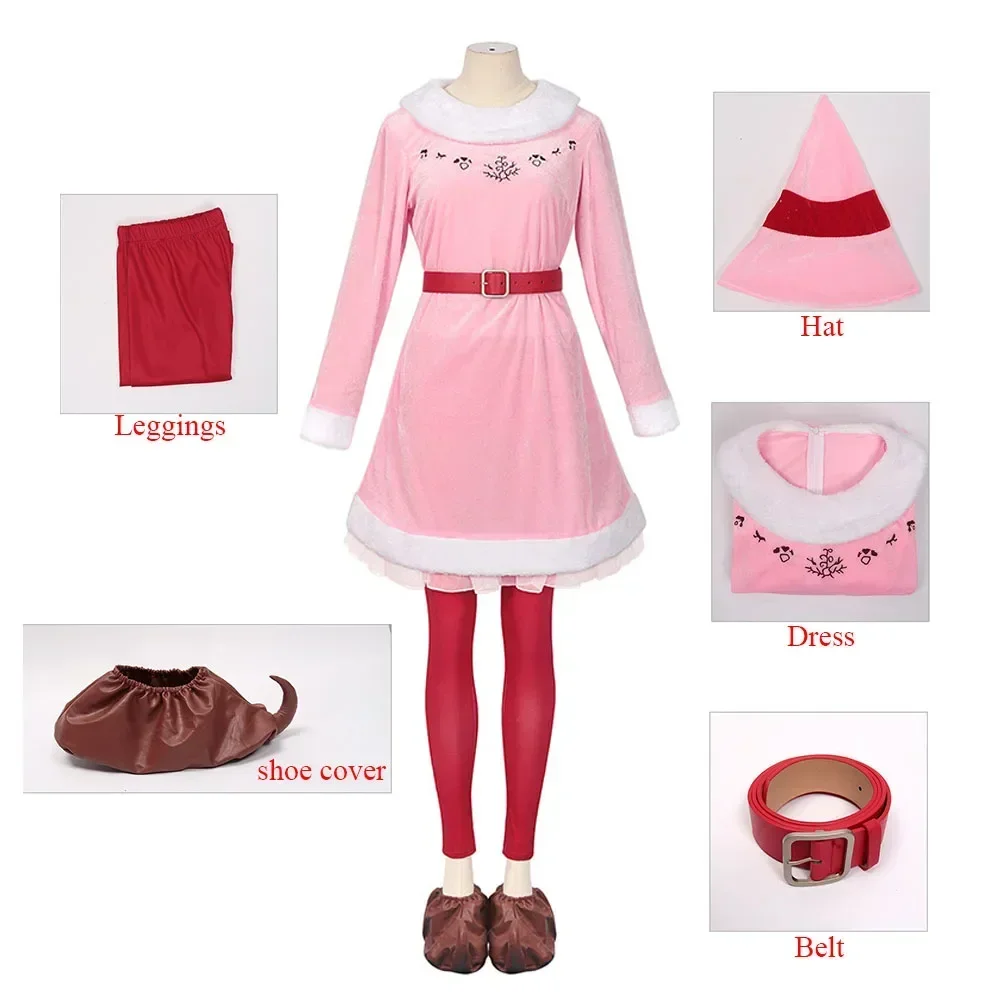 

Medieval Christmas Dress Women Santa Claus Cosplay Costume Girls Pink Elf Plush Uniform Hat Full Set Christmas Carnival Party