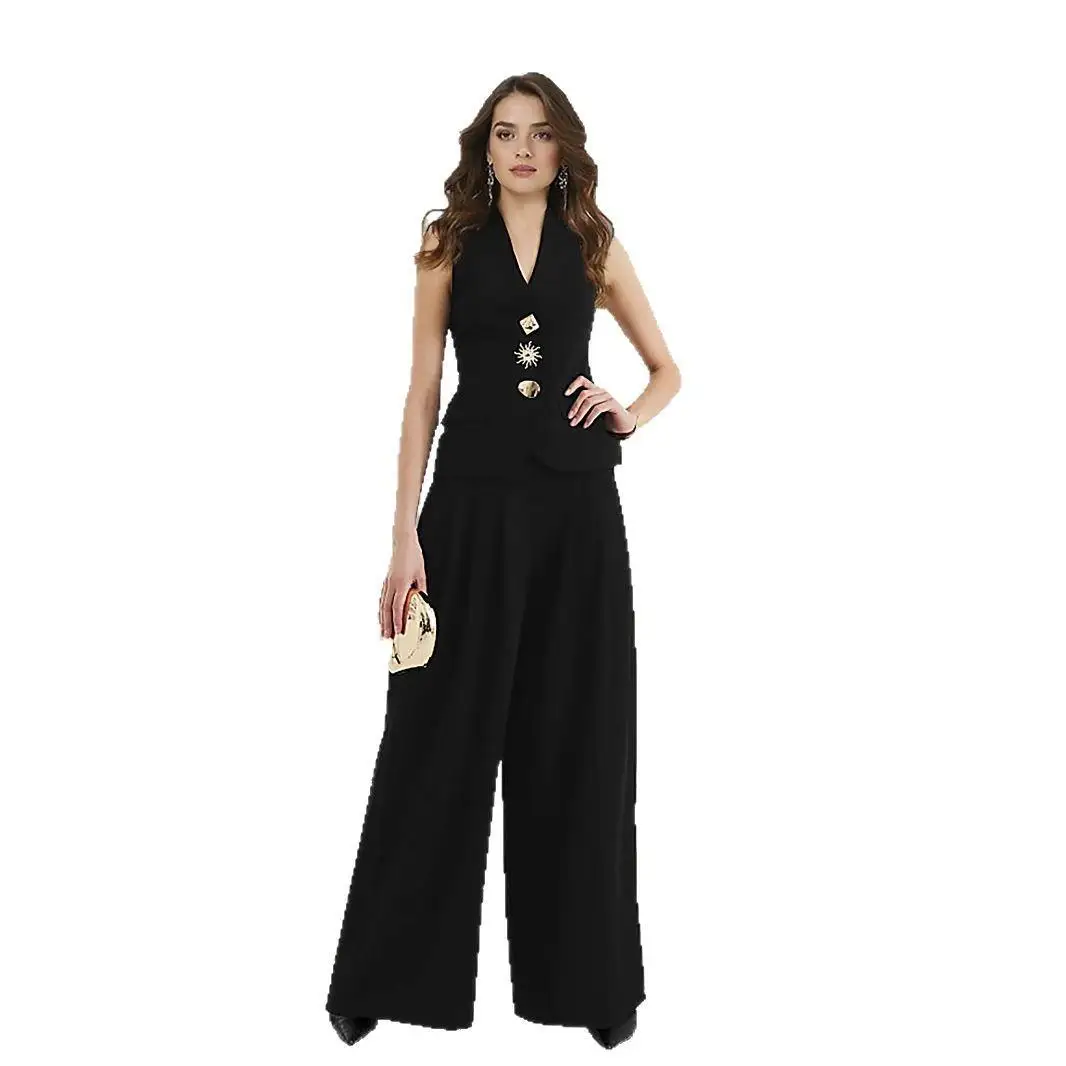 Ele Vita alta Colore puro Svel Set Gilet Pantaloni casual con gambe per donna Tendenza autunno di metà anno