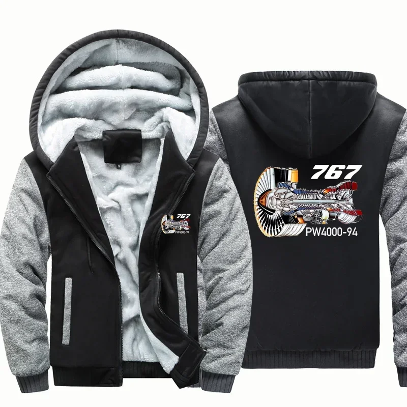 

767 Engine PW4000-94 Fleece Warm Wool Aviation Pilots Flight Men Coat Jackets Zipper Hooded Thick Hoodies Sweatshirts