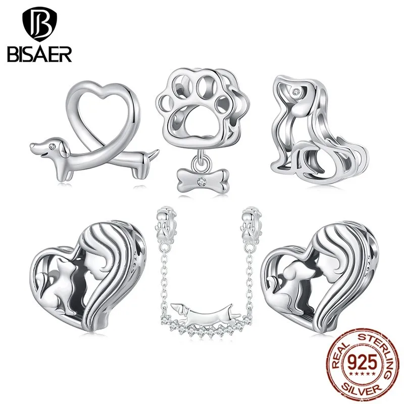 BISAER 925 Sterling Silver Cute Cat Dog Charm Beads Dachshund Hollowed Dog Paw Pendant for Women DIY Bracelet Fine Jewelry Gift