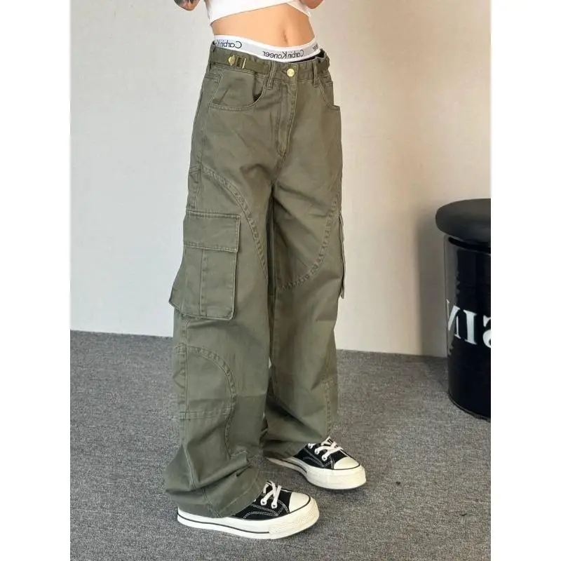 

Women's Y2K Green Vintage Cargo Pants Harajuku Korean Denim Pants with Multiple Pockets Baggy Hip Hop Spring Trousers