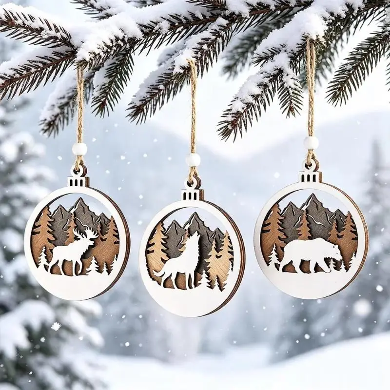 Rustic Wildlife Wood Cutout Hanging Decor Layered Hollow Mountain Bear Wolf Elk Bauble Winter Holiday Tree Decoration