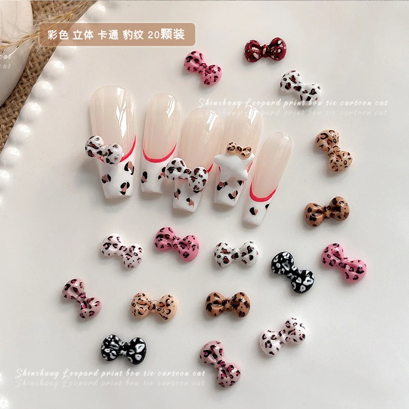 20pcs Leopard Print BowKnot Resin Nail Accessories Cat Cartoon Bow Tie DIY French Nail Drill for Manicure Nail Charms