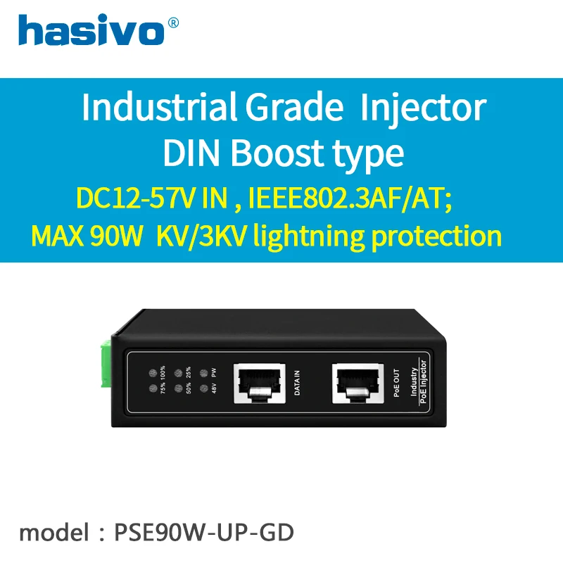 Industrial POE injectorDIN Boost type, DC12-57V IN , IEEE802.3AF/AT; MAX 90W  KV/3KV lightning protection