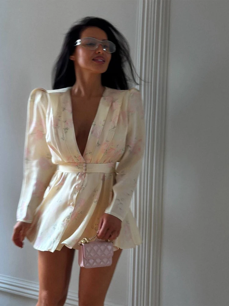 Elegant Floral Printed Satin Mini Dress Women V-neck Full Sleeve Single-breasted Waist Wrap A-line Dresses 2026 Lady Party Robes - Image 6