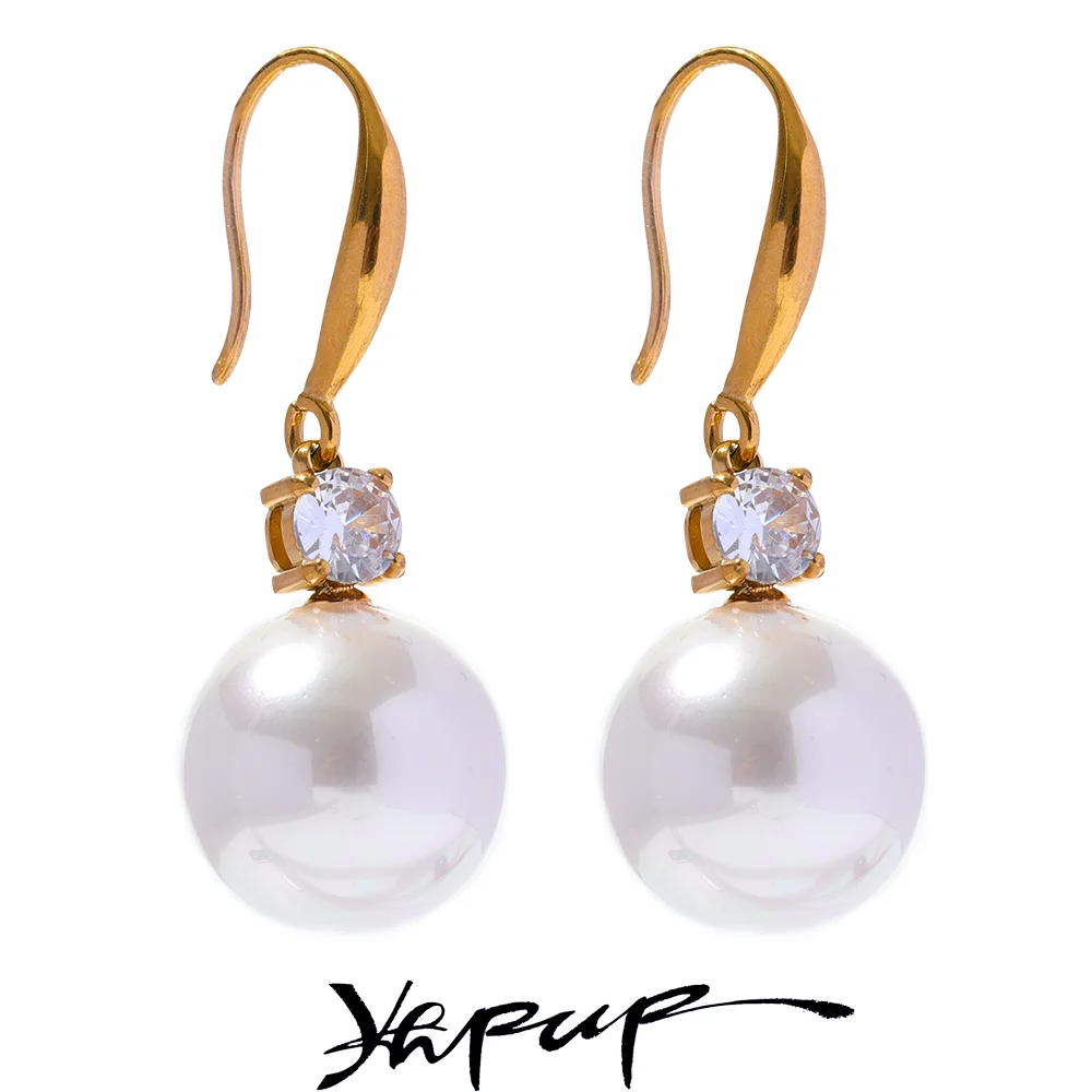 

Yhpup Elegant Imitation Pearls CZ Round Geometric Drop Earrings Fashion Stainless Steel Temperament Versatile Jewelry Gift New