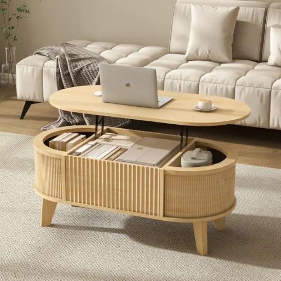 

Fluted Lift Top Coffee Table with Storage Modern Oval Coffee Table for Living Room or Home Office in Natural Finish with Hidden